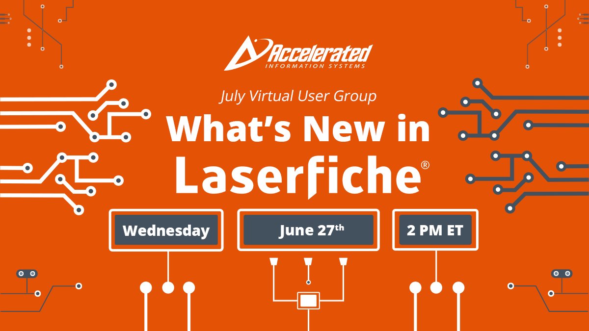 AISWW's tweet photo. Tune in next Wed., July 27th at 2 PM ET for our July #VirtualUserGroup, What's New in Laserfiche: https://t.co/SuH2BOZCva
Get a refresher of #newfeatures released for @laserfiche in Q2, a preview of what's to come in Q3, plus a #livedemo of the new Solution Marketplace. https://t.co/oaD4AzZIXA
