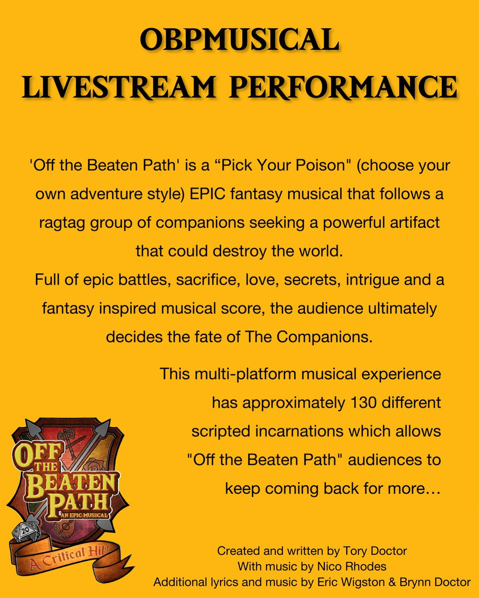 OBPmusical's tweet photo. Join us for the next livestream performance of Off the Beaten Path musical on Monday July 25th!
5pm PST
6pm MST
8pm EST
https://t.co/yTExQpZtff
#OBPmusical #ToryDoctor #TheMusicalsofToryDoctor #DnDinspired #LOTRvibes #gameofthronesvibes
#free #livestream #musical #fantasy https://t.co/YrqXZHrHhQ