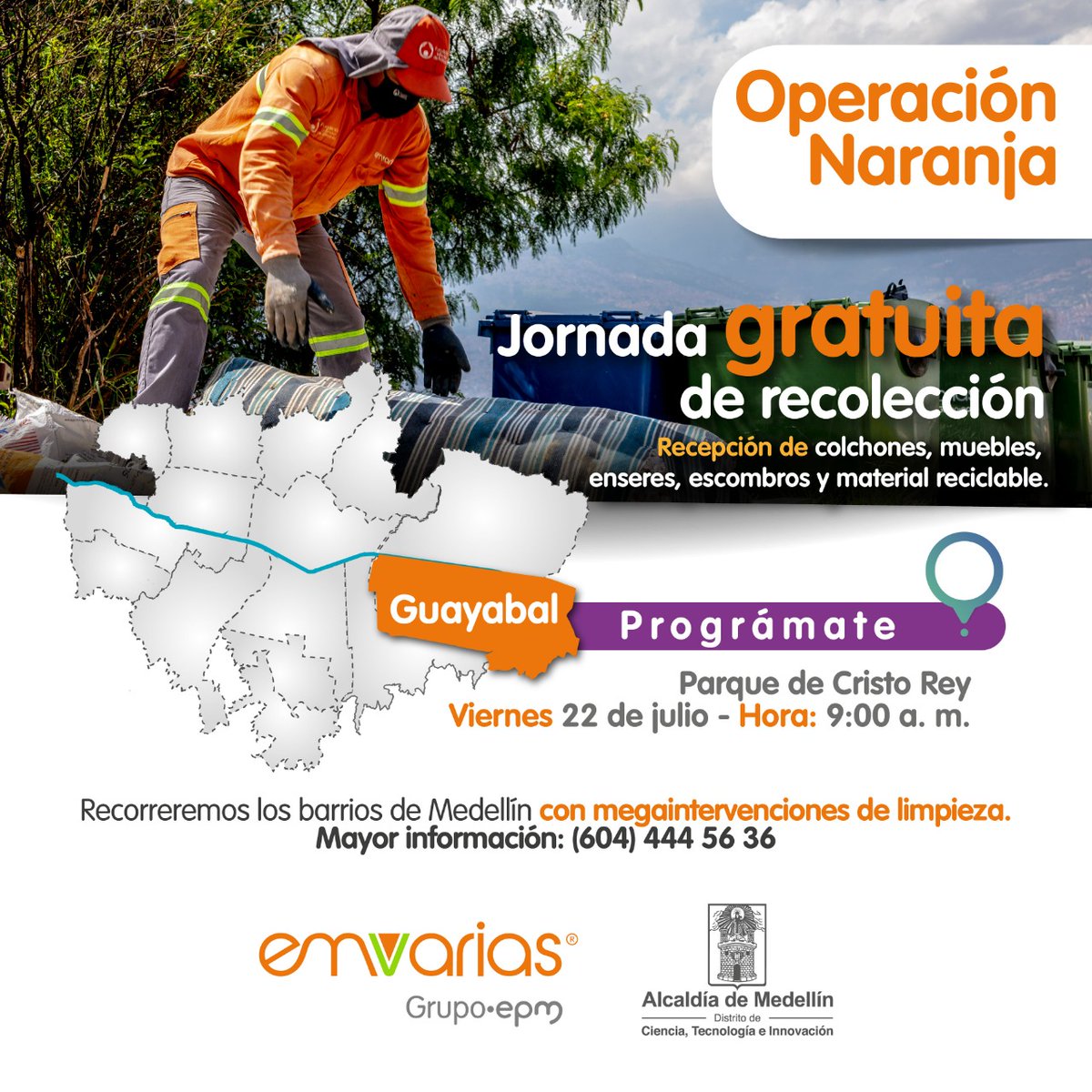¡Nos tomaremos la ciudad con la #OperaciónNaranja! Este viernes iniciaremos en Guayabal y Cristo Rey. Queremos que nuestra ciudad brille con el apoyo de todos. 🧡💚🙌🏾

<a href="/AlcaldiadeMed/">Alcaldía de Medellín</a> <a href="/EPMestamosahi/">EPM estamos ahí</a>
