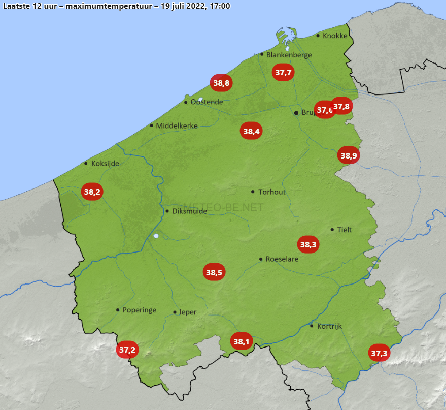MeteoWard's tweet photo. Dit zijn de (voorlopige) maximumtemperaturen in West-Vlaanderen. Lokaal komen we aan 39°C (afgerond). 38,4°C in #Beitem (KMI) om 17u.
© https://t.co/f6mktLb806
#tropisch #hitte @FocusWTV @KW__be https://t.co/yZJOqQ3VXR
