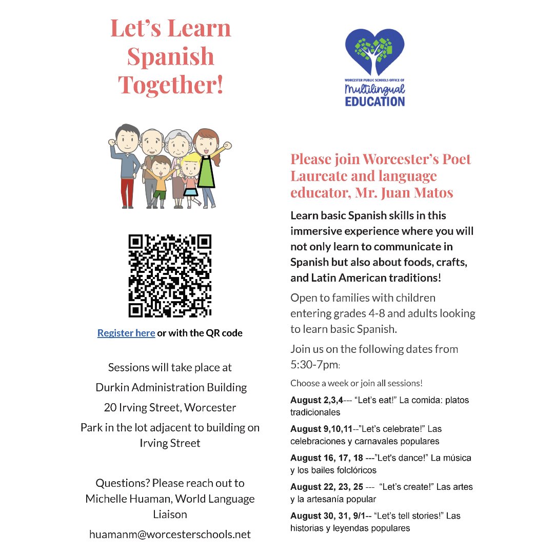 worcesterpublic's tweet photo. Grade 4-8 WPS families - you are invited to this family engagement opportunity for students and their families to learn Spanish together. #EmbracingMultilingualism
https://t.co/Xvtl5wSEDZ https://t.co/s3C5O2clmI