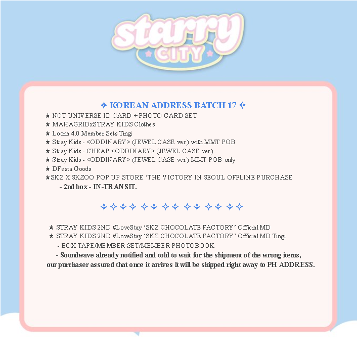 starrycityph's tweet photo. ┈┈⋆ #SCPHUpdates✨
Thank you so much for the patience
Always Stay Safe and Healthy po!

☆ If we missed an update don't hesitate to DM us.
☆ Incoming updates this week will be replied to this tweet. https://t.co/dJD3SLQDLc