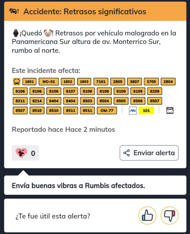 rumbo_pe's tweet photo. ⌚¡Quedó 🤡! Retrasos por vehículo malogrado en la #Panamericana Sur altura de av. Monterrico Sur, rumbo al norte. #Lima #traficolima
Recuerda que desde la app de Rumbo puedes darle 👍o👎 a las alertas si te fueron útiles 📲 https://t.co/6C1zckllyC https://t.co/jtuGTRKhhG
