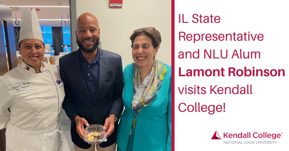 NLU hosted Representative Lamont Robinson for dinner at the Kendall College Dining Room, where he got to tour the kitchens and get some take-home treats from Chef Marianne Albovia. Representative Robinson is also an NLU alum! (MBA, ‘12)

Thanks for visiting, <a href="/LamontJRobinson/">Alderman Lamont J. Robinson</a>!