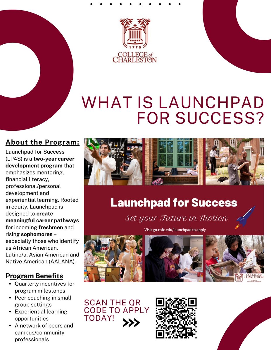 Apply for our Launchpad For Success program!

Learn more about the Peer Coach role and LP4S by visiting go.cofc.edu/launchpad or check out The College Today's article about the program's recent launch!
Handshake Link lnkd.in/gWcA4vzt