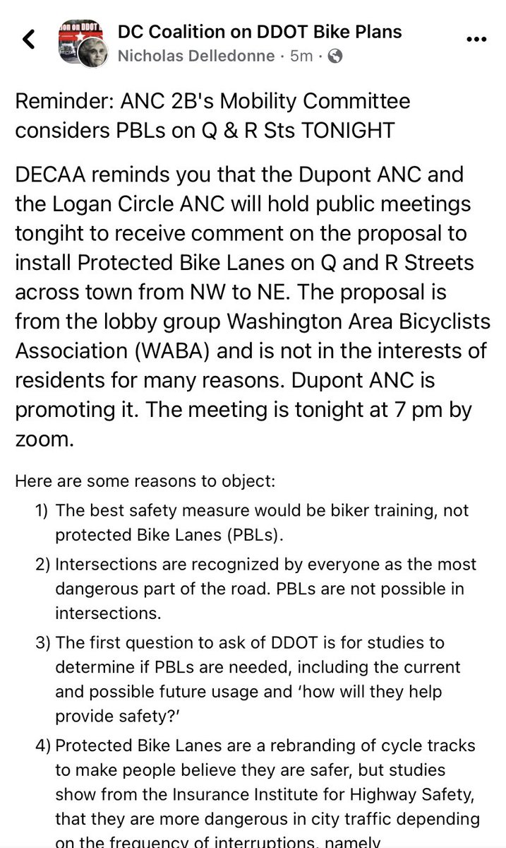PLEASE call into the ANC 2B mobility meeting tonight to support Q &amp; R St PBLs even if you don’t live in 2B. The lanes will benefit everyone riding cross-town in DC. The opposition is organizing (below). Make sure we outnumber them! <a href="/WABADC/">WABA</a> <a href="/HandlebarsDC/">handlebarsdc.bsky.social 🚴</a> - dupontcircleanc.net/wordpress/2022…