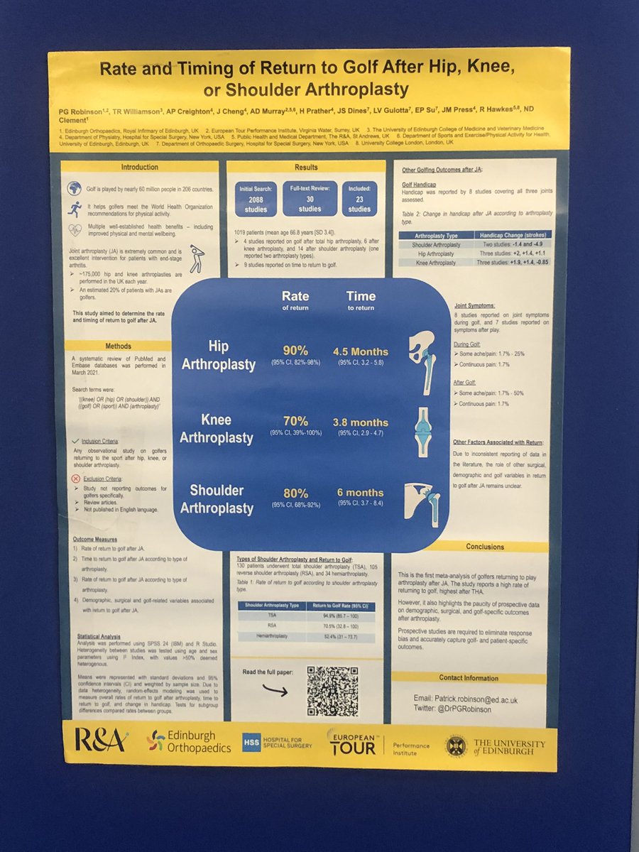 RobinsonOrth's tweet photo. @EdinOrthopaedic contributing data on playing golf after arthroplasty at the #GolfandHealth2022 Congress here in Edinburgh. Great support from Stryker for the event and bringing the MAKO robot. Super talk from Nick Clement delivering the @EdinAdultRecon experience. https://t.co/B3cpfycnjq