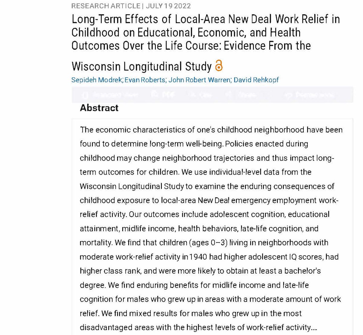 Demography Journal (@readdemography) on Twitter photo New paper by <a href="/SModrek/">S</a> <a href="/evanrobertsnz/">Evan Roberts</a> <a href="/warre046/">Rob Warren</a> <a href="/drehkopf/">David Rehkopf</a> w/ Wisconsin Longitudinal Study data examines exposure to New Deal work relief in childhood. Findings: increased adol IQ scores & BA degrees, & elevated midlife income & late-life cognition for men.
ow.ly/oj4x50JZeSR New paper by <a href="/SModrek/">S</a> <a href="/evanrobertsnz/">Evan Roberts</a> <a href="/warre046/">Rob Warren</a> <a href="/drehkopf/">David Rehkopf</a> w/ Wisconsin Longitudinal Study data examines exposure to New Deal work relief in childhood. Findings: increased adol IQ scores & BA degrees, & elevated midlife income & late-life cognition for men.
ow.ly/oj4x50JZeSR