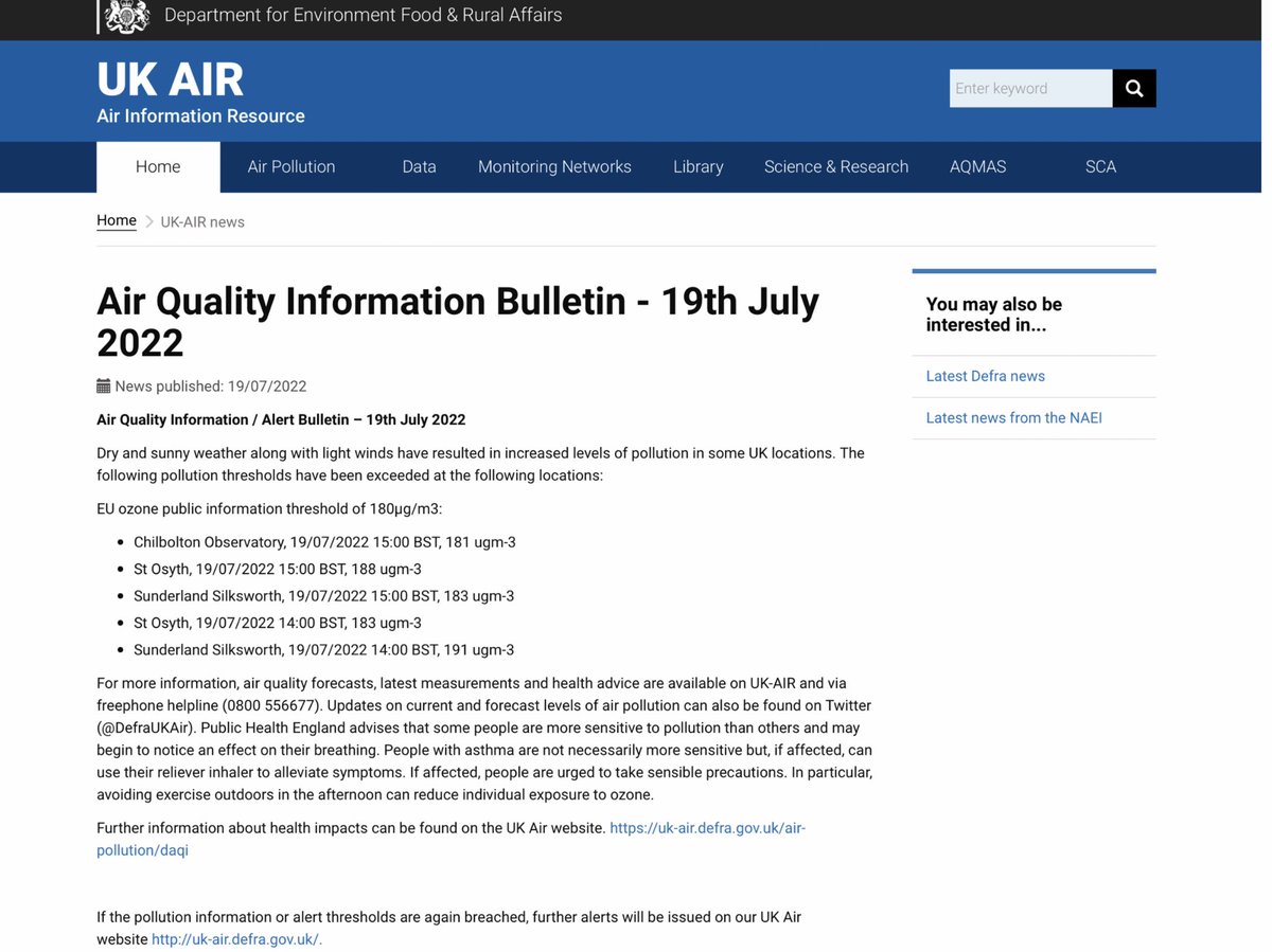 CleanAirLondon's tweet photo. #CodeRed 3pm bulletin | Three sites have triggered 24-hr national #PollutionAlerts on Tuesday after exceeding 180ug/m3 1-hr ave ozone #AirPollution: #ChilboltonObservatory #StOsyth (online again) and #SunderlandSilksworth. Plus two still from Monday. More? https://t.co/eykZ6XSb5O https://t.co/gP1FDs91Te