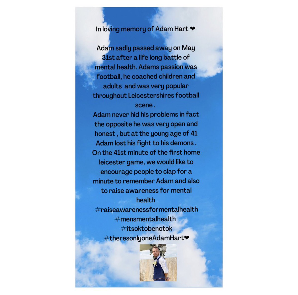 _mattpiper's tweet photo. A Good Guy that left us way to soon 🙌🏾

Please join me &amp; many other #lcfc fans in the 41st minute of lcfc v Brentford game 7th August #clapforHarty ❤️

To show him &amp; all his family our love/support &amp; too… #raiseawarenessformentalhealth 🙏🏾 https://t.co/0ak1w3T4zB