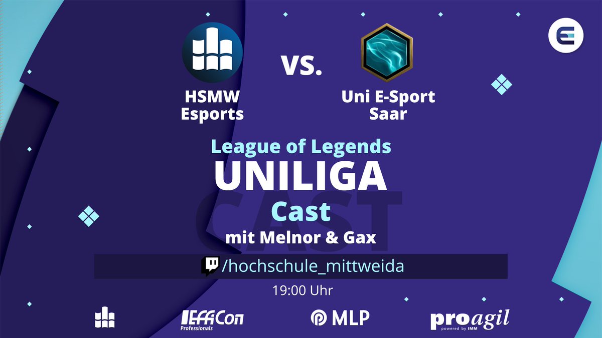 Heute Abend findet endlich wieder ein Cast auf dem Twitch-Kanal unserer Hochschule statt! 
Melnor und Gax casten für euch die Uniliga Play-offs unseres Main-Teams! Seid dabei! 🤗

🕖 19:00 Uhr 
🆚 Uni E-Sport Saar
🎙️ <a href="/M3ln0r/">Marc Peter</a> &amp; <a href="/Gax312/">Gax</a> 
📺twitch.tv/hochschule_mit…