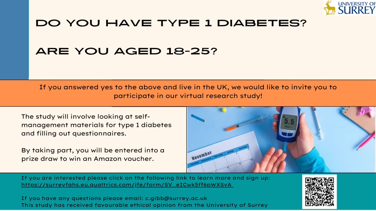 Still recruiting for the 2nd stage of my #type1diabetes research with <a href="/Jane1Ogden/">Jane Ogden 🇪🇺💙</a>! 

Fill out two surveys (now and a month later) and contribute to T1D research.

You will have the chance to win a £20 voucher!

Click to take part:
surreyfahs.eu.qualtrics.com/jfe/form/SV_eI…

Please share
#GBDoc
