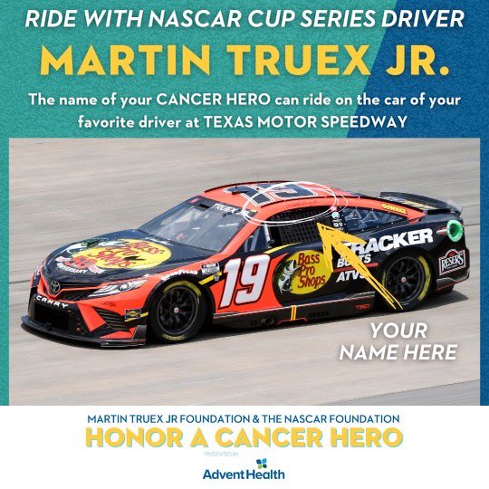 Honor your cancer hero by having their name on my car at @TXMotorSpeedway this September! Bid now at nascarfoundation.org/cancerhero