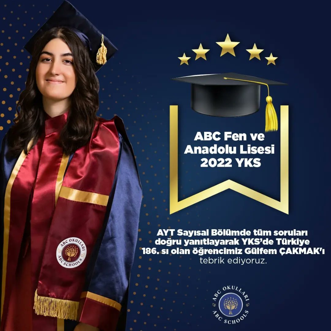 abcokullari's tweet photo. 2022 YKS Sonuçlarına göre, AYT’de tüm soruları doğru yanıtlayarak YKS’de Türkiye 186.sı olan öğrencimiz Gülfem ÇAKMAK başta olmak üzere, başarılarıyla bizleri gururlandıran tüm öğrencilerimizi tebrik eder, başarılarının devamını dileriz.👏
#2022yks #ABCWorldSchools #IBDP https://t.co/Ee38F21HD6