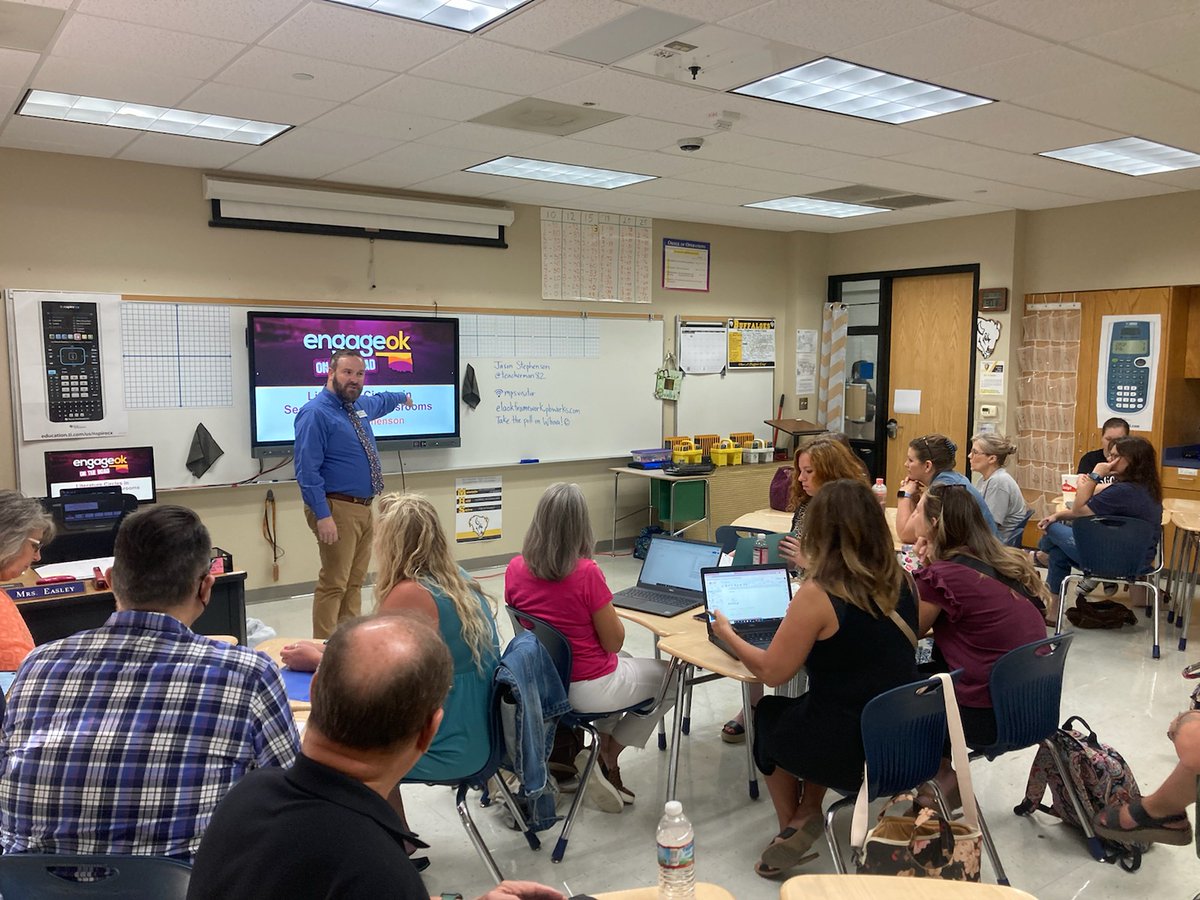 oksde's tweet photo. It's a great day for PD with #oklaed educators at McAlester Public Schools! The OSDE team is on stop 6 of 7 of our summer #EngageOK tour across the state. Thank you to everyone who has joined us to learn and collaborate. Finishing strong tomorrow in Durant! https://t.co/7f7PtWcqRm