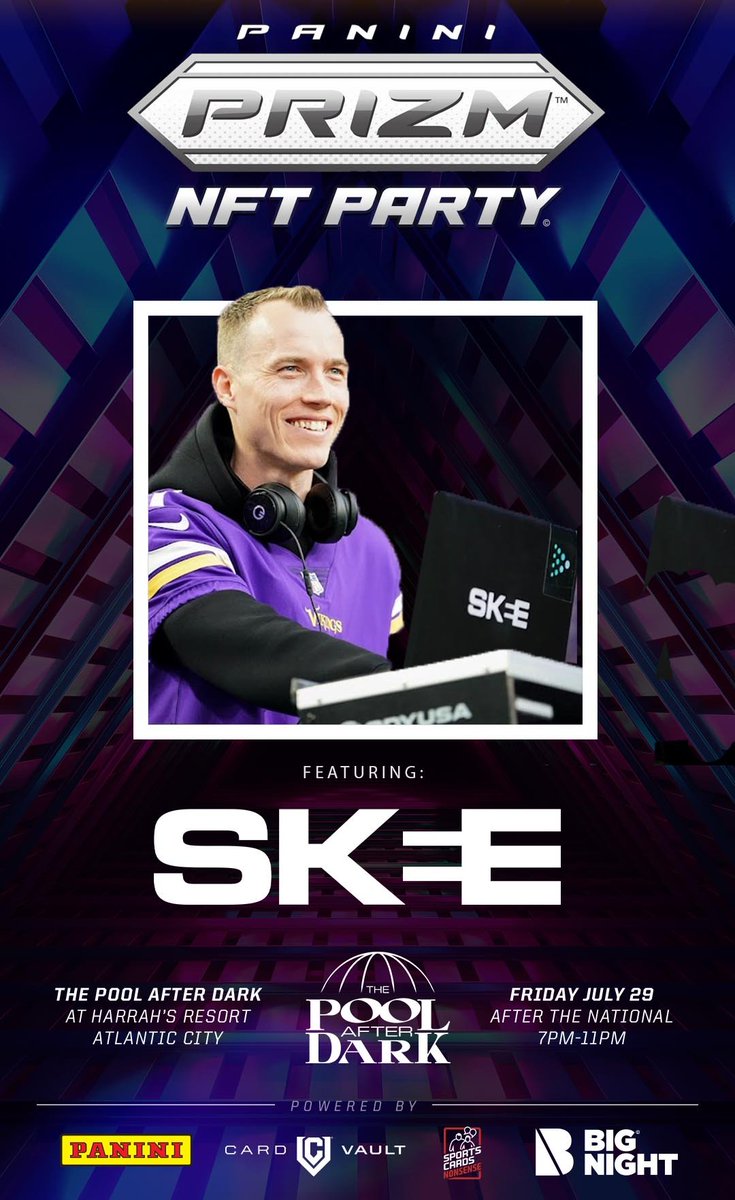 PaniniAmerica's tweet photo. First announcement of musical talent at the Prizm #NFT Party is @djskee! 

Join us Fri July 29th 7-11pm at Harrah's @poolafterdark in Atlantic City during @nsccshow 

Each NFT ticket comes with additional exclusive #PaniniNFT's

Grab your NFT Ticket Here: https://t.co/4xuSCgyR1H https://t.co/1Gmbo0v8SZ