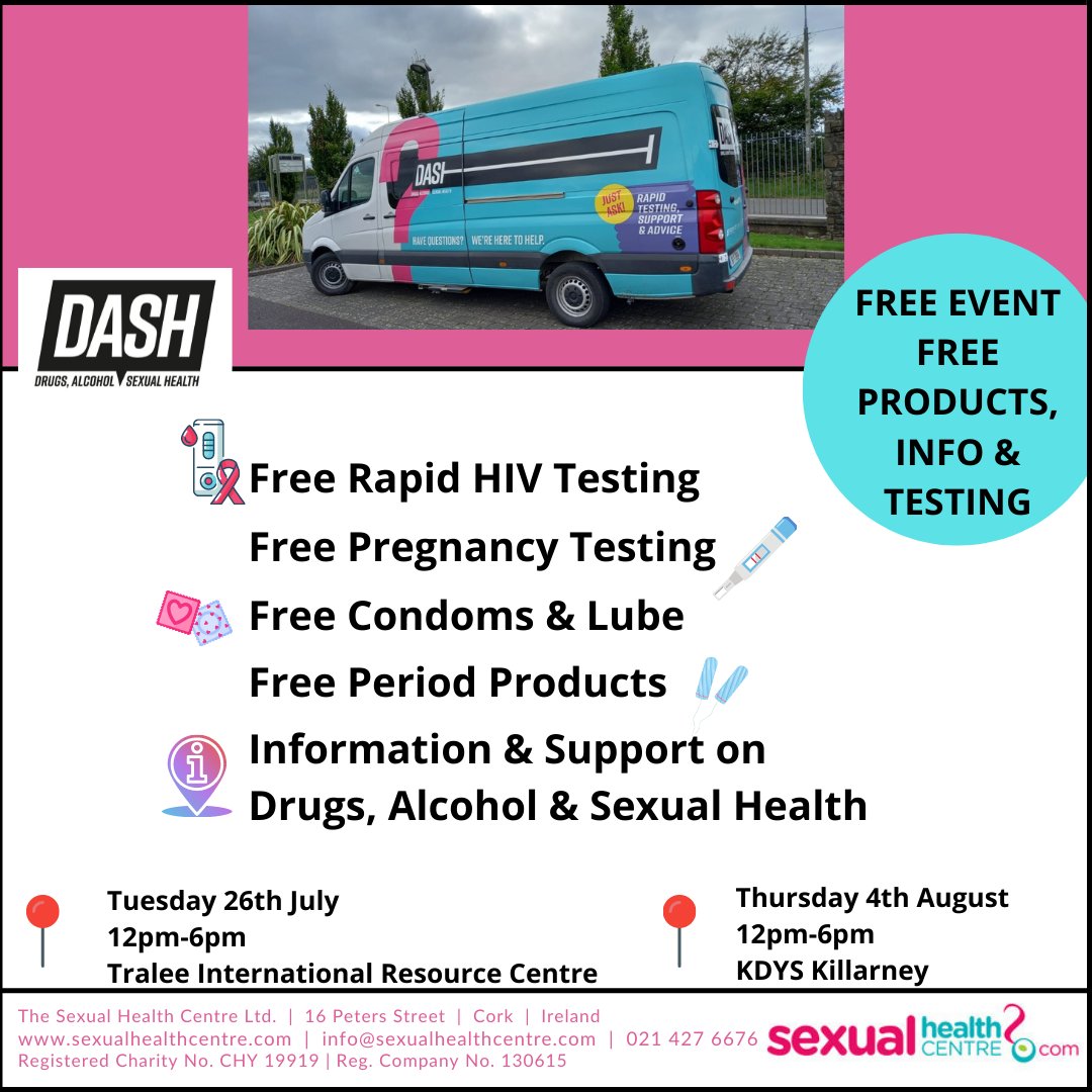 DASHMobileUnit's tweet photo. DASH is heading back to Kerry to provide free Rapid HIV testing, pregnancy testing, condom and period product distribution and info on drugs, alcohol and sexual health.
We are looking forward to seeing everyone there!
#sexualhealth #drugsandalcohol #rapidHIVtesting #support https://t.co/dR6roWvtvz