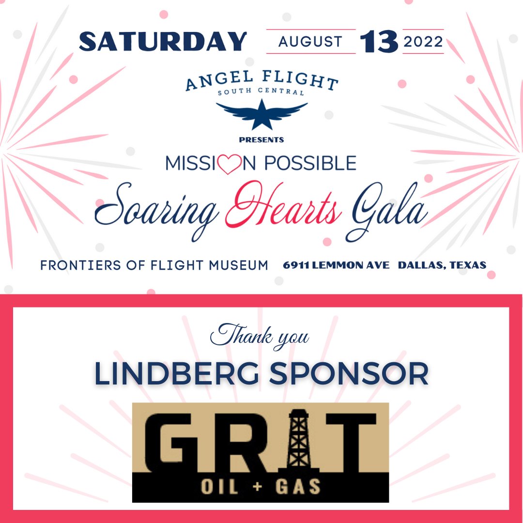 AngelFlightSC's tweet image. Thank you to Grit Oil + Gas for being a Lindberg Sponsor at our Mission Possible: Soaring Hearts Gala 2022! Your support makes it possible for AFSC's mission to reach more pilots and passengers every year.  Mission Possible Tickets Available Here: ow.ly/SGqv50JZiFC