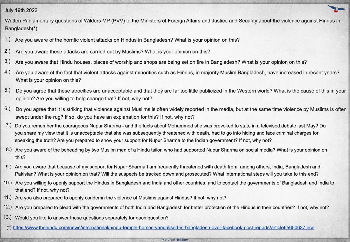My Parliamentary Questions from today about the Muslim violence against #Hindus in #Bangladesh and #India, the lack of support for #NupurSharma and more international attention and support for Hindu safety and security. 

#HindusUnderAttack 
#HindusLivesMatter 
#Wilders