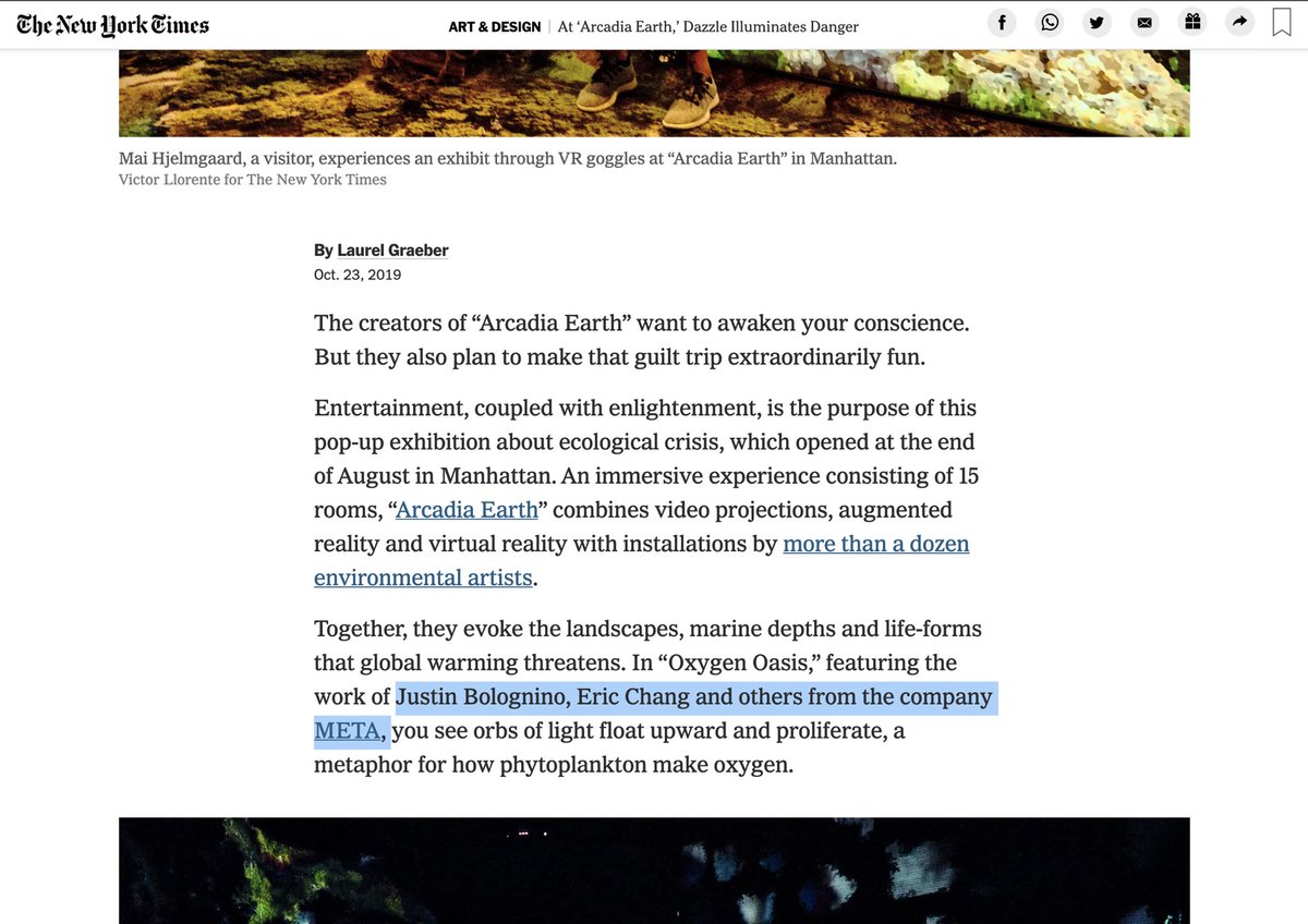 METAbeyond's tweet photo. 17/

“At ‘Arcadia Earth,’ Dazzle Illuminates Danger
Using augmented reality, VR and installations of light and art, the creators of this pop-up exhibition hope to inspire action on climate change.”
#LaurelGraeber for @nytimes, 2019

https://t.co/0r3gA5ETT6

#therealmeta

[contd.] https://t.co/aJyvtoYv9S