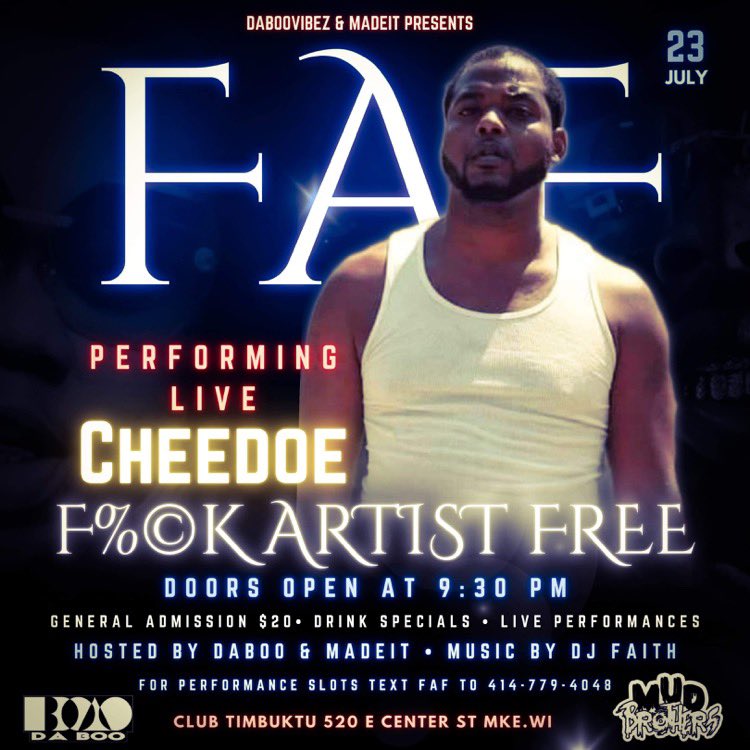 CheedoeMroyeah's tweet photo. Saturday July 23rd milwaukee Wisconsin #Oyeah #Cheedoe #MtrEnt #Milwaukeeartist #Newmusic #explorepage https://t.co/evc6hdp041