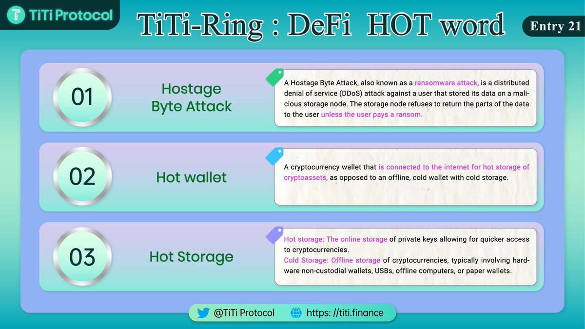 TiTiProtocol's tweet photo. Here're the #DeFi jargons you need to know 🔥
✅Hostage Byte Attack❓
✅Hot wallet❓
✅Hot Storage❓
🥳TiTier,let's check the latest #TiTiRing together 👇
#stablecoin #DeFi #NFTs #Web3 #GameFi #blockchains #NFT #Bitcoin https://t.co/HeYW2yb5S6 https://t.co/jhgNW9ulCG