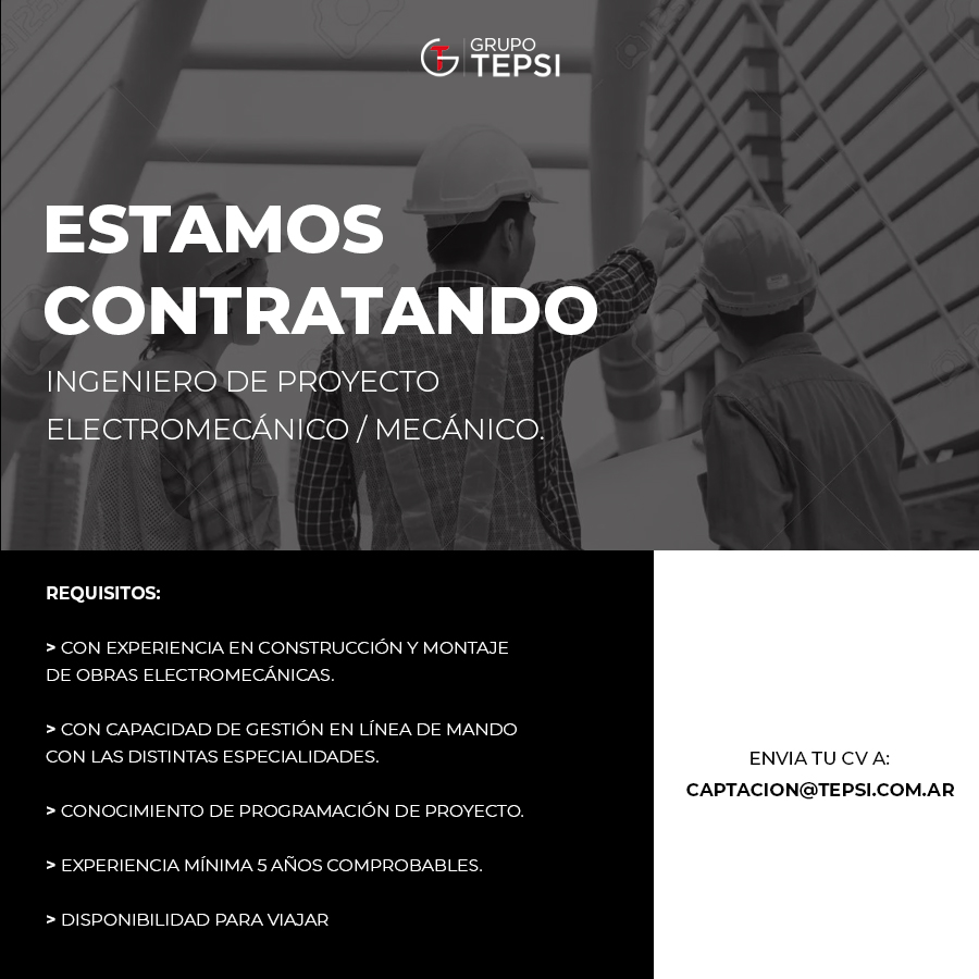 TEPSISA's tweet photo. 🔎 #BusquedaLaboral • Estamos contratando:
👉🏻 Ingeniero de Proyectos 

📪 Si reunís estas condiciones escribinos al mail en placa o compartí nuestra publicación si conoces a alguien que pueda interesarle!

#grupotepsi #busquedalaboral #tecnicoelectromecanico #bolsadetrabajo https://t.co/AUVcCi6yCK