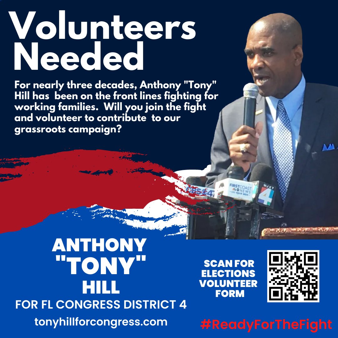 TonyHillFL4's tweet photo. Will you support me in the race for #FLCongress District 4 by volunteering alongside my campaign?
With your help, we can spread the message that #DuvalCounty, #ClayCounty, and #NassauCounty deserve a hardworking and dedicated representative like myself! #TonyHill4Congress https://t.co/Hd5Qwx3c3V