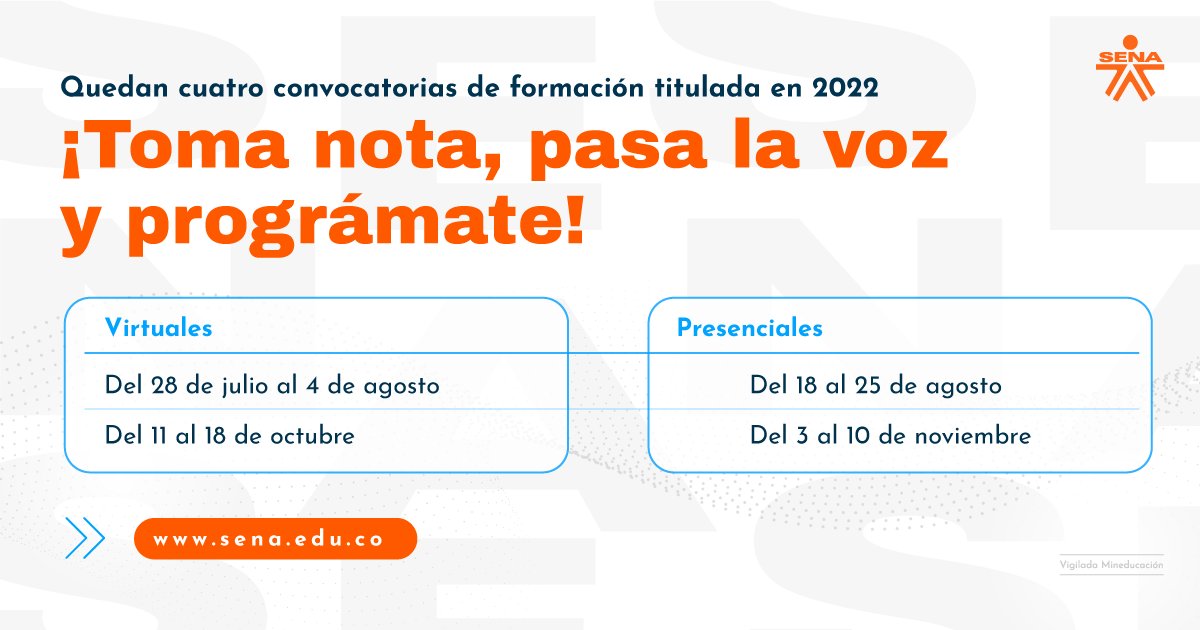 SENAComunica's tweet photo. 📚✅¡Prepárate con tiempo para nuestras convocatorias de formación titulada!

💻⭐️En este segundo semestre encuentra cuatro opciones para cambiar tu futuro en modalidad virtual y presencial. Pasa la voz, cuéntale a amigos y familiares. #EstudiaEnElSENA 👉https://t.co/9qrFw0L0at https://t.co/KaZFXpOPjF