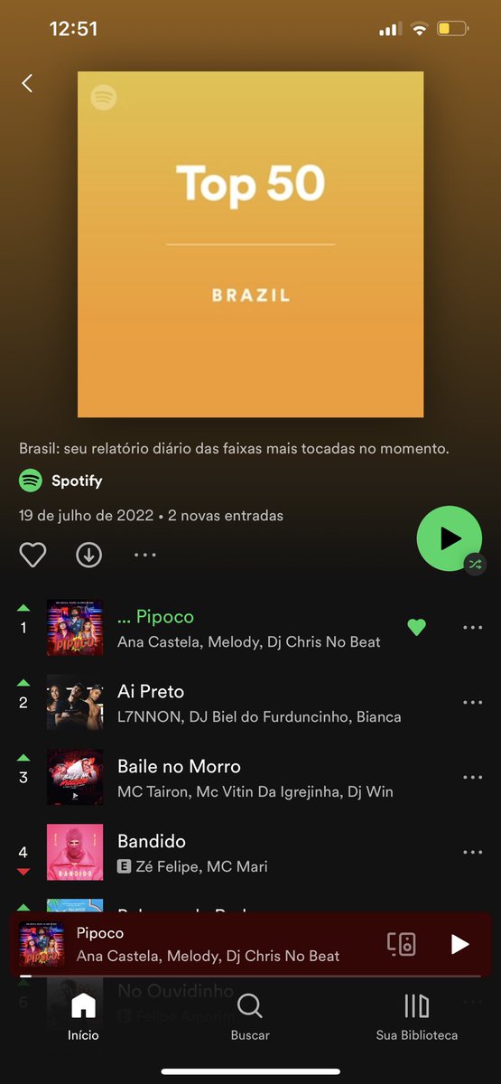 McMeIody's tweet image. Vocês piscaram e o 1º lugar no TOP 50 BRASIL chegou 🫶🏻😎
Bora comemorar dançando: spoti.fi/3aMOVAM
#PIPOCO
