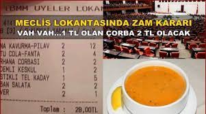 Meclis restoranında yemek fiyatlarına yüzde 50 zam geldi. Son zamla birlikte dana kavurma yemeğinin porsiyon fiyatı 22 liraya yükseldi
dana kavurmaya 6tl  çorbaya 1tl zam gelmiş
