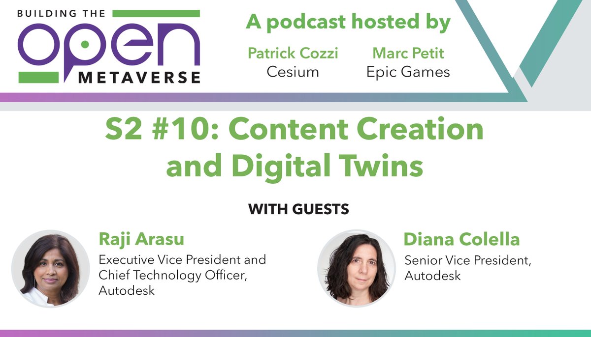 New on the #podcast: <a href="/autodesk/">Autodesk</a> executives Raji Arasu and Diana Colella discuss #digitaltwins, content creation, virtual production, and business models for the #metaverse bit.ly/3cq95kp