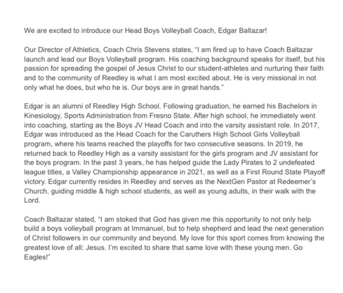 IHSNation's tweet photo. Introducing Edgar Baltazar - Head Boys Volleyball Coach! Welcome to the athletic team, Coach Baltazar - can’t wait to see this program take off! 7th-12th grade boys interested in playing, come meet Coach on Thursday at 6pm in the cafeteria.
#GoEagles #StandingOnTruth https://t.co/qYagYH07Yb