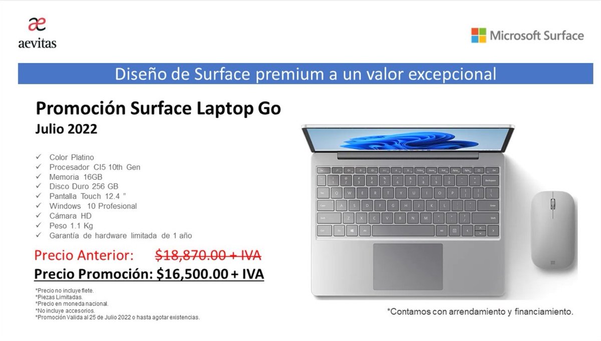 aevitasmx's tweet photo. Aevitas tiene promociones especiales para tu empresa con Microsoft Surface ¡Llévate una #LaptopGo a precio especial! Contáctanos: https://t.co/LuiOe7Ck14 https://t.co/yaqTqTBfzY