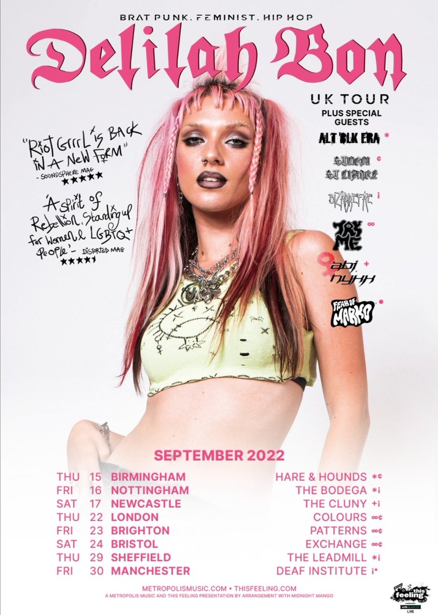 ALTBLKERA's tweet photo. AAAHH! We're SUPER excited to be supporting the incredible @DelilahBon_ on her UK tour in Notts, Sherfield & Birmingham! 🤩🎸 IT'S GONNA BE SO LIT!!🔥🔥Be sure to get yourselves down there xx
#trapmetal #delilahbon #uktour #newartists #upcomingartists #tourr #altrap #altblkera https://t.co/S6egnq5LQM