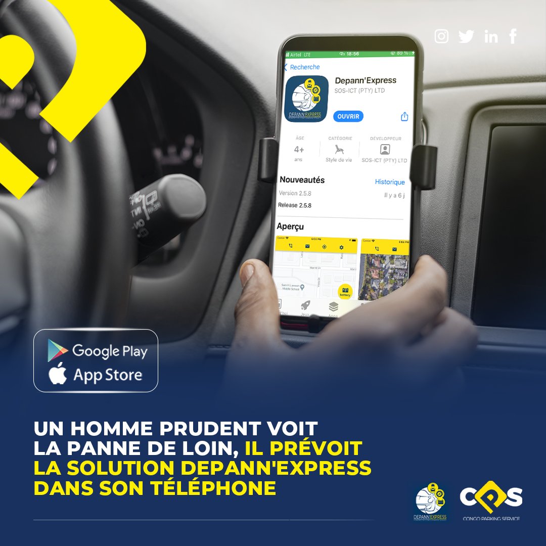 CongoParking's tweet photo. Ne laissez plus les pannes vous surprendre et pĂ©naliser vos dĂ©placements, rassurez-vous dâavoir DEPANNâEXPRESS dans votre tĂ©lĂ©phone !
TĂ©lĂ©chargez maintenant lâApplication sur App Store et Play Store : https://t.co/Q4n2buONhd
#CPS #DepannExpress #AssistanceRoutiĂšre https://t.co/hF0bzYxa90