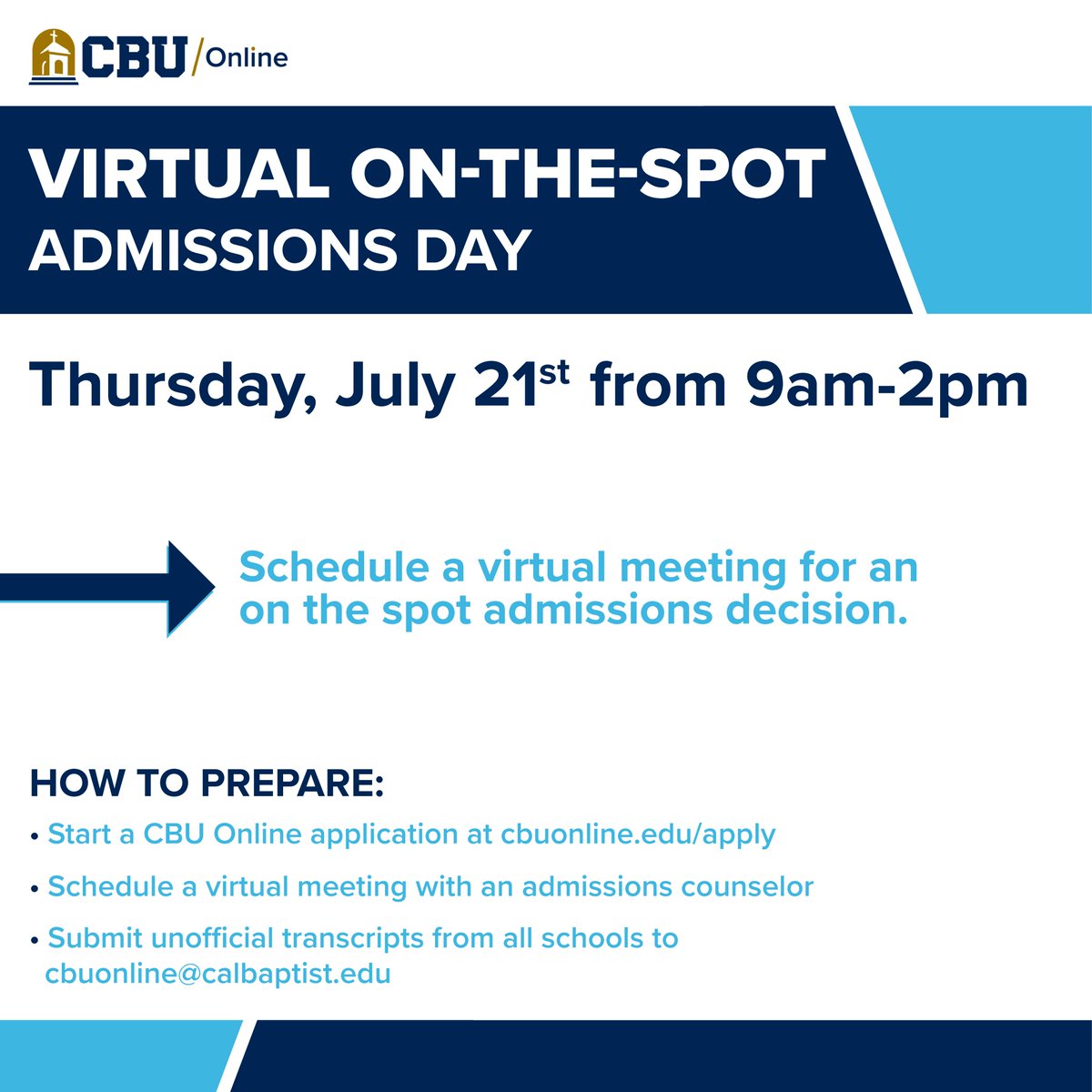 SolanoTransfer's tweet image. Are you interested in transferring to a fully online bachelor's program? CBU Online is offering an on-the-spot admissions day on Thursday, July 21st from 9am-2pm. To learn more about this program and to schedule an appointment for instant admission, visit the link in our bio.