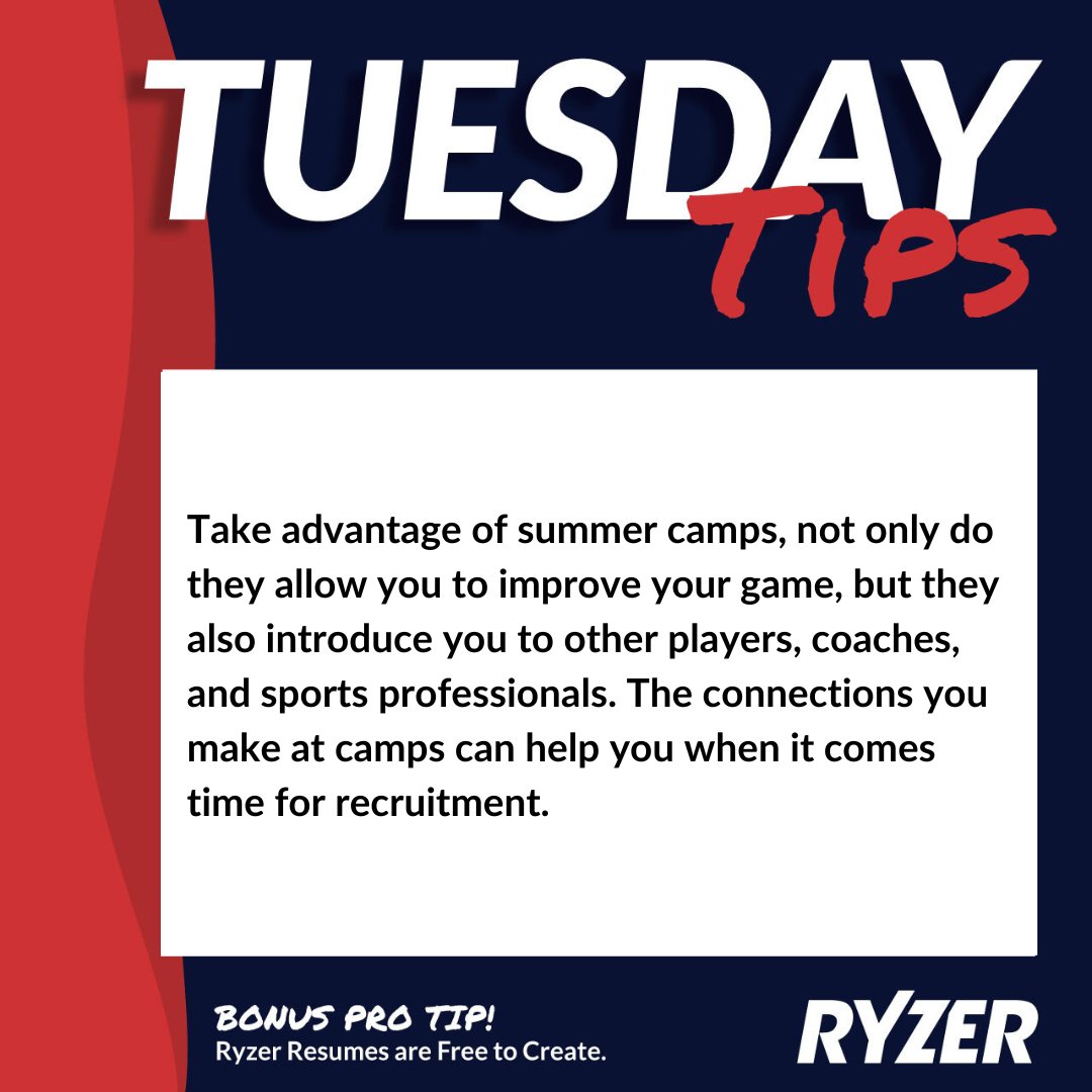 Ryzer's tweet photo. #TipTuesday Attending camps in the summer can help you in more than one way! An easy way to make sure you are attending the most summer camp you can is to make sure you have your Ryzer alerts turned on, so you know when new camps are added. #RyzerRecruit #RyzerEvents #GetNoticed https://t.co/3Cje7bgz44