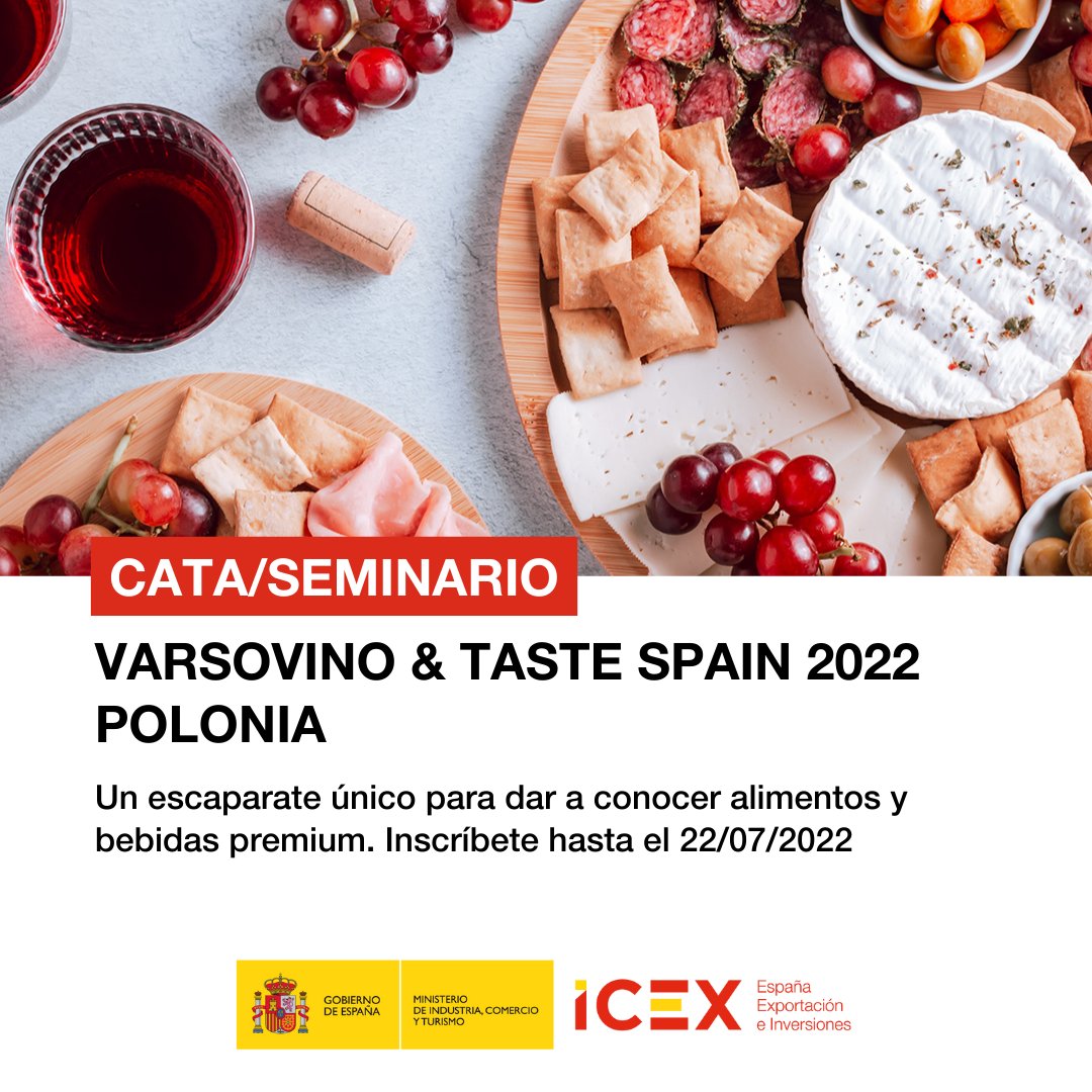 ICEX_'s tweet photo. 📣 ¡Última llamada a empresas españolas de vinos y alimentación! ICEX emprende una misión para dar a conocer tus productos en el mercado polaco, donde el consumo y las ventas están en aumento
🍷 VARSOVINO & TASTE SPAIN 2022
📅 20.09.22
📝 Hasta el 22/07
https://t.co/Lsz8M7gUY7 https://t.co/L72Pd1zjxW
