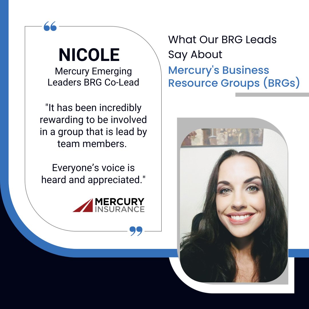 mercurycareers's tweet photo. One of Mercury’s Business Resource Groups (BRG) is focused on Emerging Leaders.  Nicole is the co-lead of this group and she shares what she appreciates about this BRG. #mercuryinsurance #mercurycareers #wfh #employeeappreciation https://t.co/MkBYF3wRMK