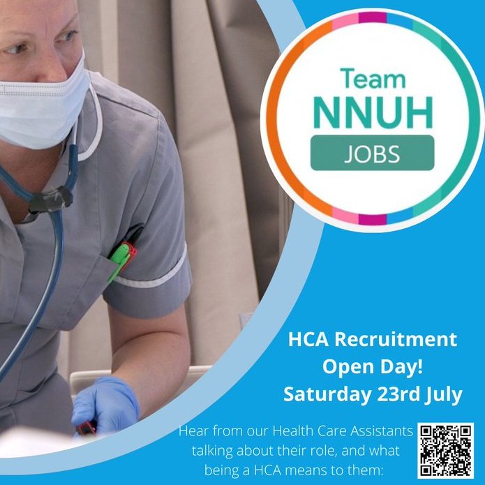 🧑‍⚕️ Want to become a Healthcare Assistant? Attend our event this Saturday (23 July). You can apply today for an interview on the day (jobs.nnuh.nhs.uk/job/v4400221) or simply turn up 1-3pm at the Bob Champion Research & Education Building for our walk-in interview slots. @NNUHjobs