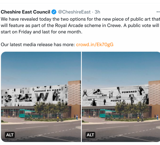 CrewePov's tweet image. Taking their lead from Grant Shapps,Cheshire East tries to sugar the pill with a meaningless vote. #Crewe #RottenBorough #LocalDemocracyFail #PublicArt