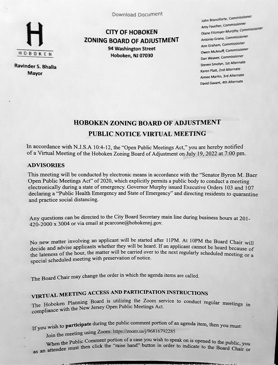Manny_R_Soler's tweet photo. Hello #Hoboken the call is out for tonight Hoboken Zoning Board of Adjustments meeting tonight July 19th,2022 at 7pm once again via Zoom #citizeninvolvement the agenda is full there are 4 waivers for review, 2 resolution items and 2 public hearing applications https://t.co/8qu7OfHRaQ