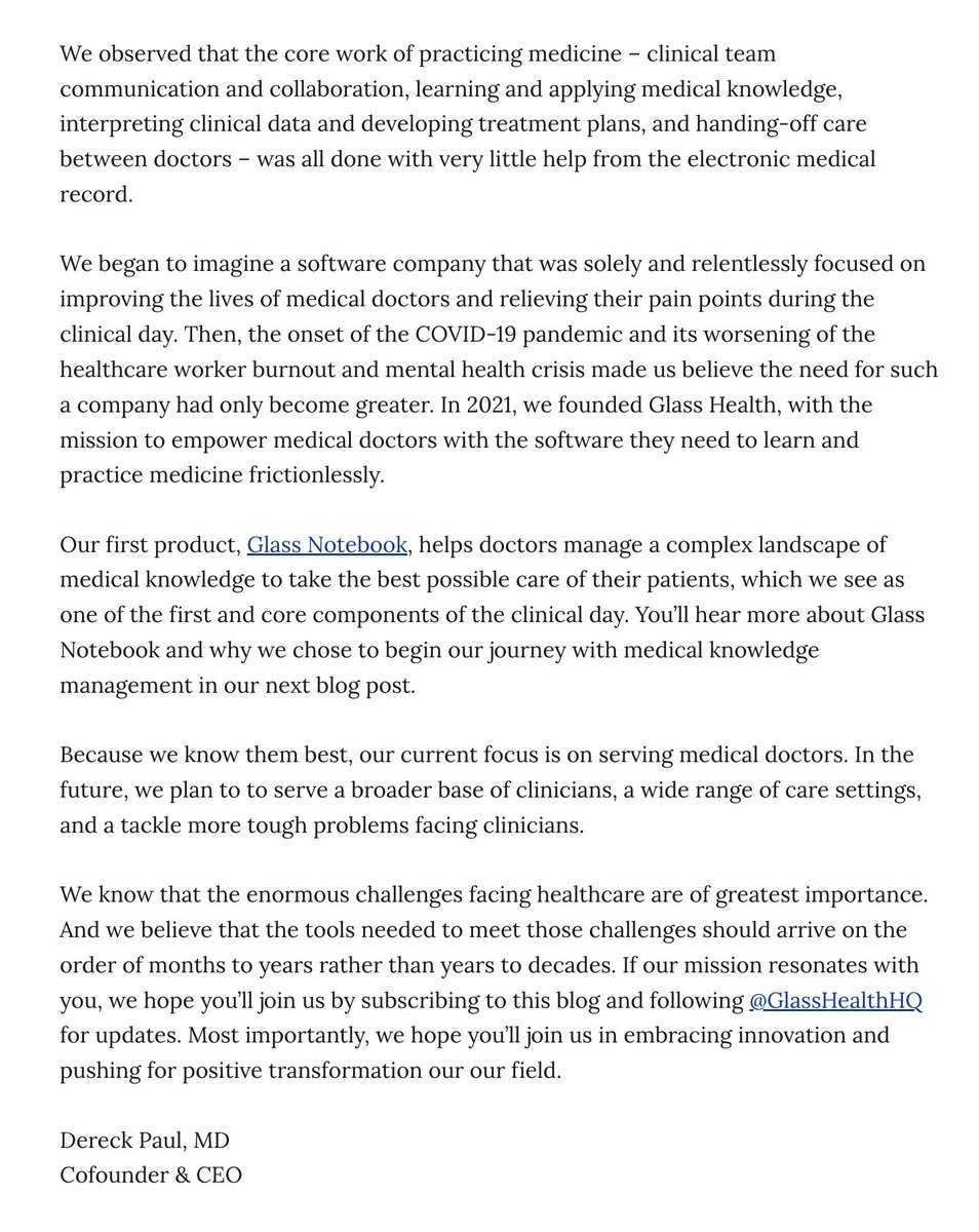 Dereck Paul MD (@dereckwpaul) on Twitter photo Thank you #MedTwitter for your incredible support of the glass.health launch these past few months.
Here's why we're building a company dedicated to improving doctors' lives: blog.glass.health/company/
<a href="/element119/">Graham Ramsey</a> <a href="/GlassHealthHQ/">Glass Health</a> Thank you #MedTwitter for your incredible support of the glass.health launch these past few months.
Here's why we're building a company dedicated to improving doctors' lives: blog.glass.health/company/
<a href="/element119/">Graham Ramsey</a> <a href="/GlassHealthHQ/">Glass Health</a>