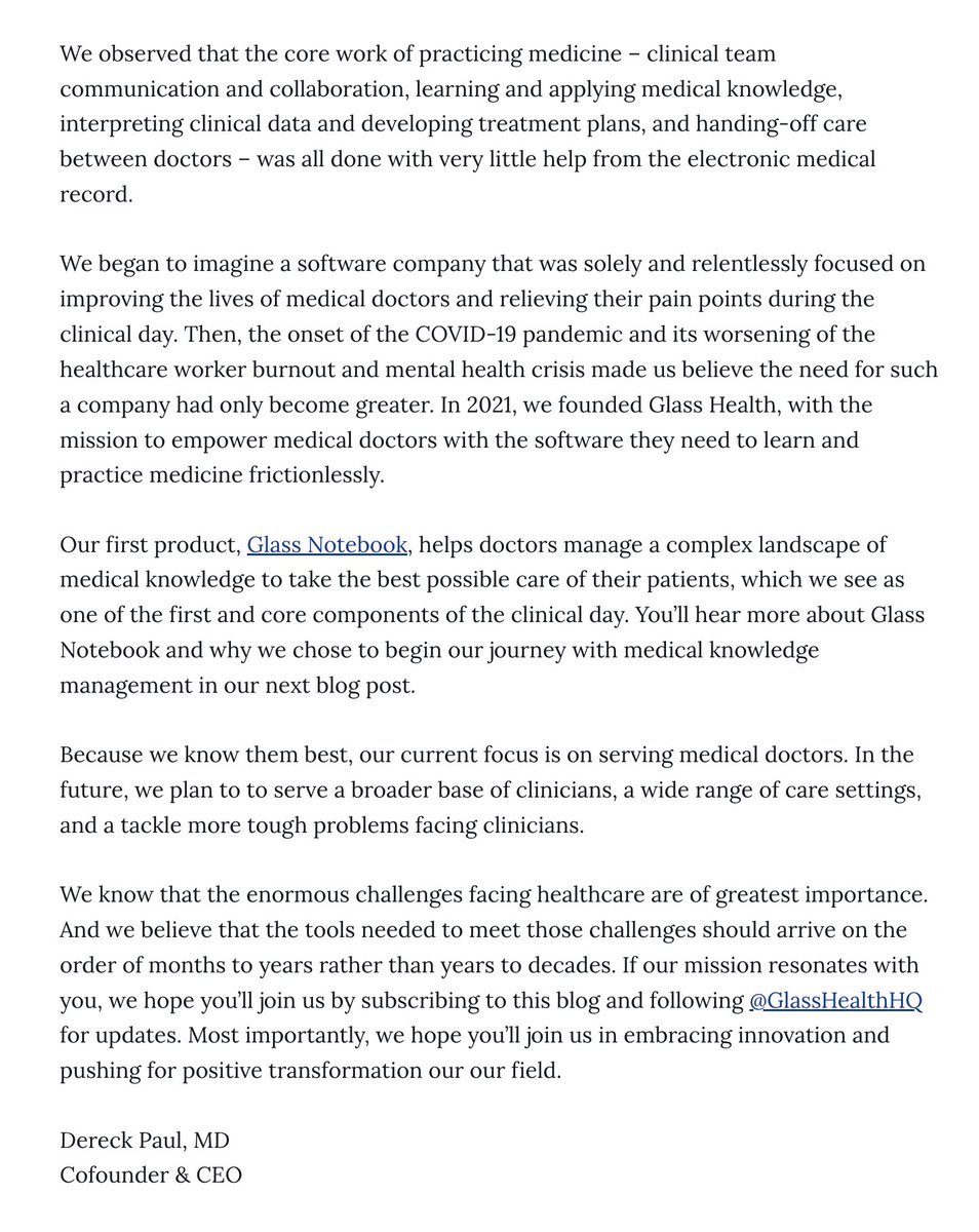 Thank you #MedTwitter for your incredible support of the glass.health launch these past few months. Here's why we're building a company dedicated to improving doctors' lives: blog.glass.health/company/ @element119 @GlassHealthHQ