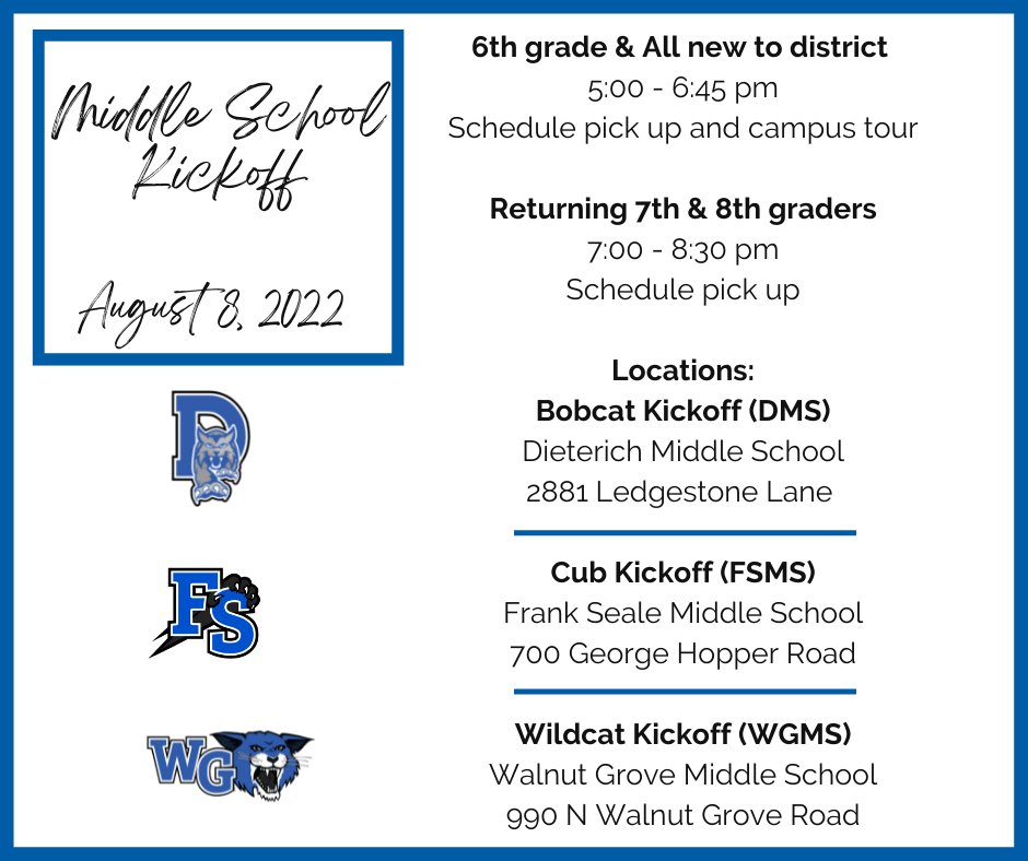 Join us for Middle School Kickoff night on August 8, 2022. Please be sure that all registration forms, immunization records, and proof of residency have been submitted so you can receive your schedule!