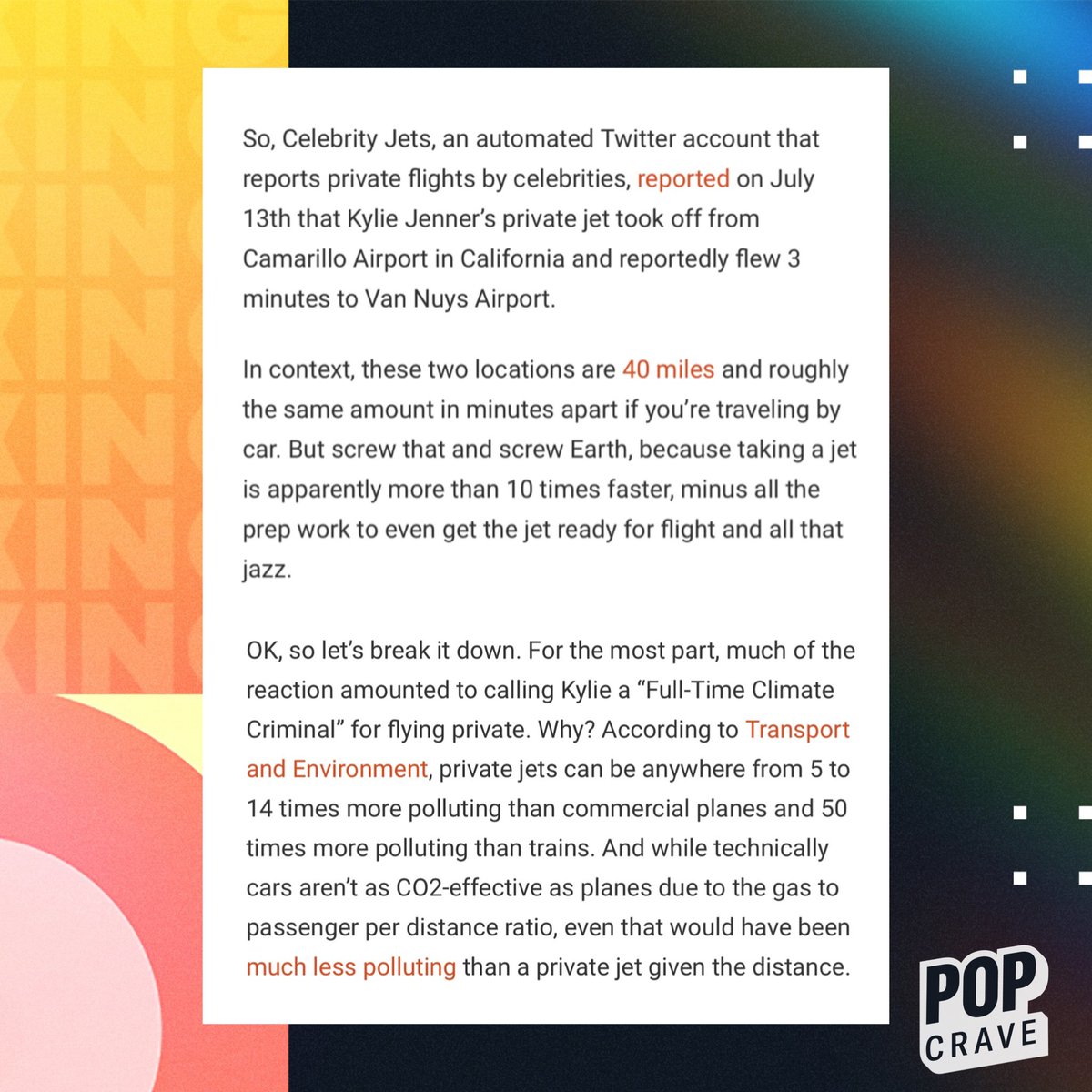 PopCrave's tweet photo. Kylie Jenner is being called a “climate criminal” after it was discovered she uses her private plane for three-minute long flights. 

🔗: https://t.co/Z6hISNAWwH https://t.co/0PA3Li8Tdb
