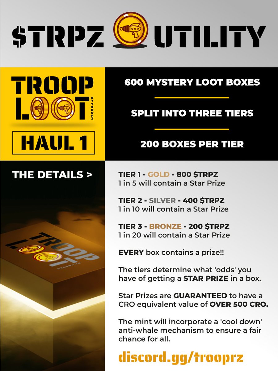@trooprzarmy
 
Troop Loot Haul 1 is being pushed out by 1 week:

SATURDAY 30th JULY

Keep stacking those $TRPZ as we'll fill this weekend with lots of AWESOME $TRPZ fun!

All in the Trooprz Discord! 

discord.gg/trooprz

#troopz
