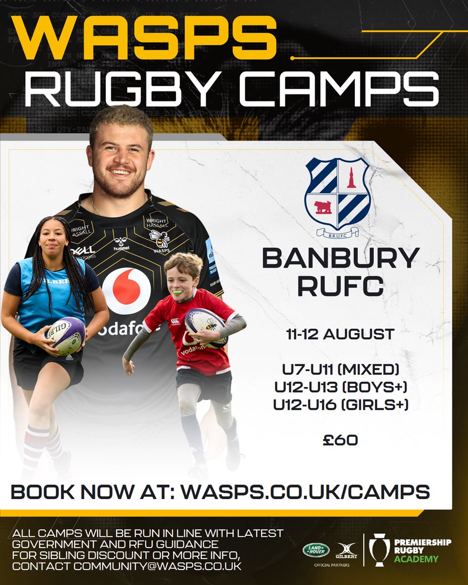There’s plenty going on at the club this summer to keep the kids active and engaged! We’re excited to welcome <a href="/WaspsCommunity/">Wasps Community</a> back to Banbury for a two-day rugby camp next month!

The camp will be running 11th - 12th of August, and you can sign up here: wasps.co.uk/community/camp…