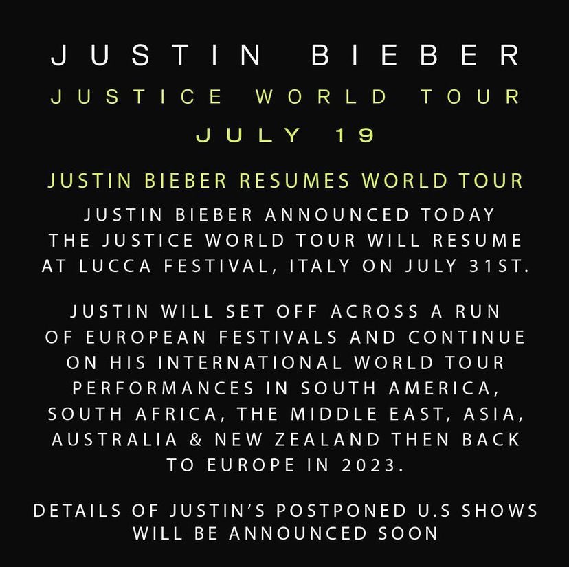JBCrewdotcom's tweet photo. Justice Tour via Instagram: 

‼️ #JusticeTour ‼️
@justinbieber will start his tour again at the end of July happy to see you well &amp; can't wait to see you on stage JB! https://t.co/USbIbI7zbj